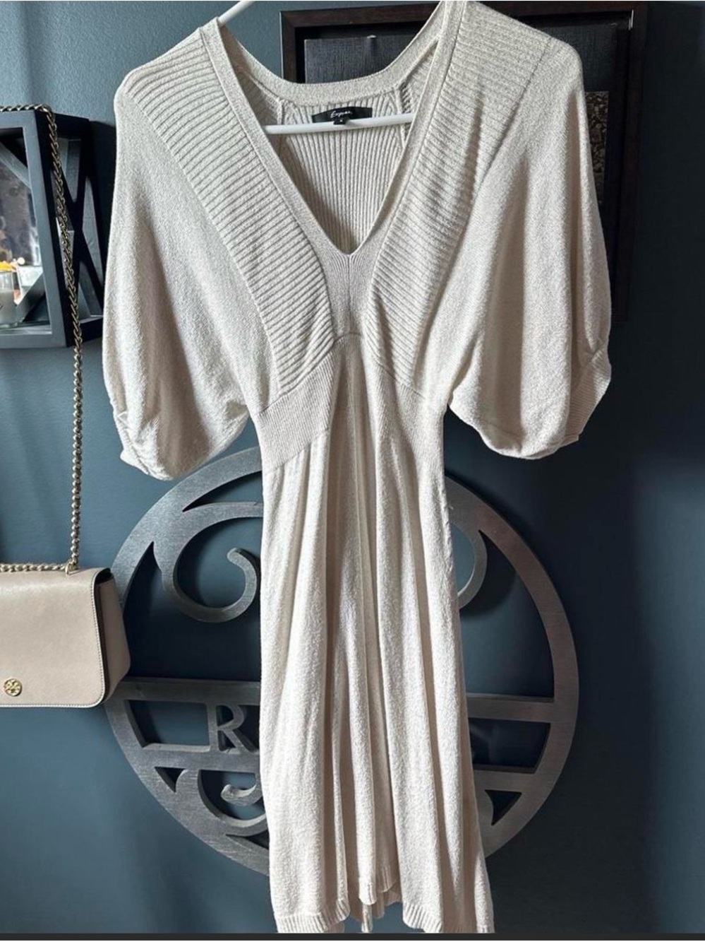 Express Cream V-Neck Knit Midi Dress with Dolman Sleeves